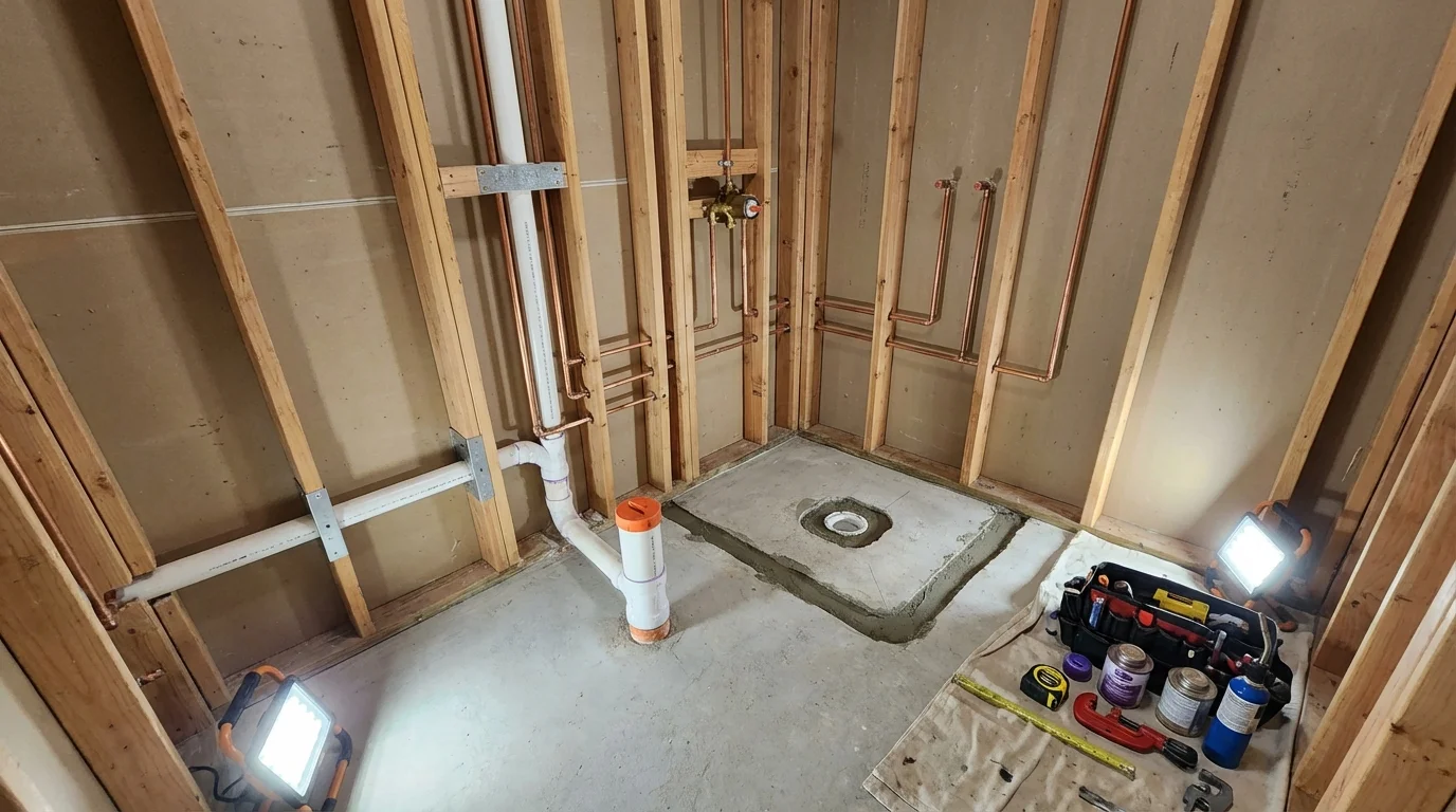 Bathroom rough-in plumbing during remodel by Johns Plumbing LLC in Wenham