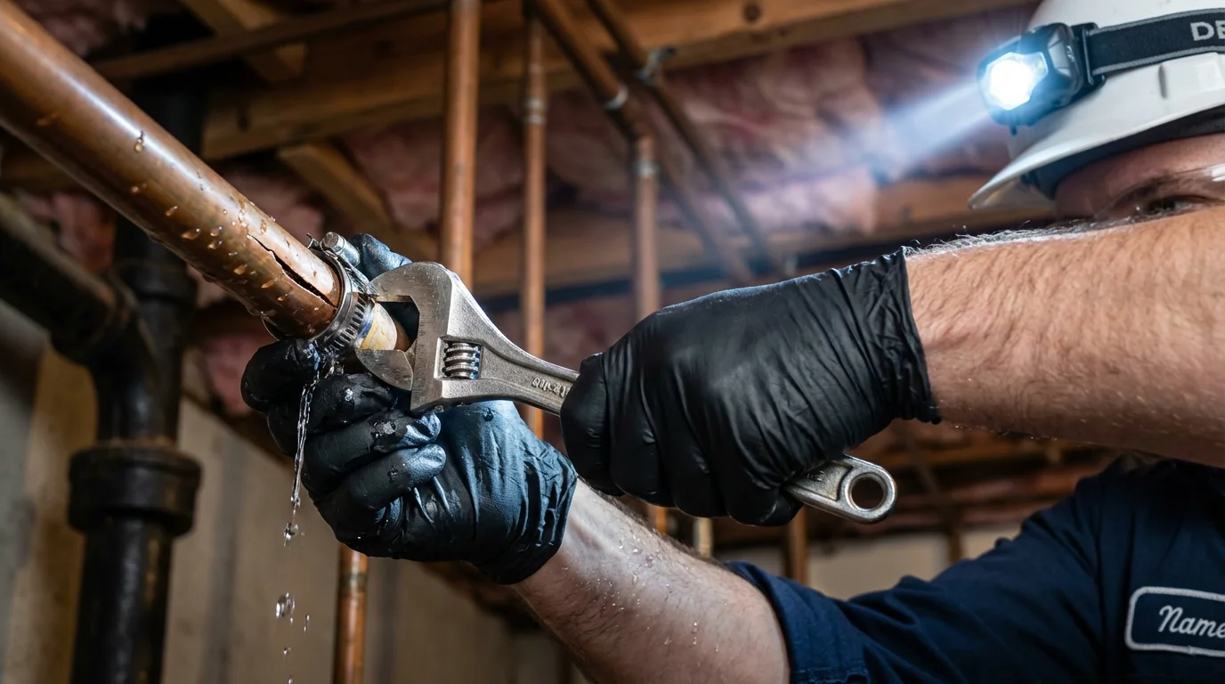Emergency pipe clamp repair being performed by a Johns Plumbing LLC plumber in Wenham