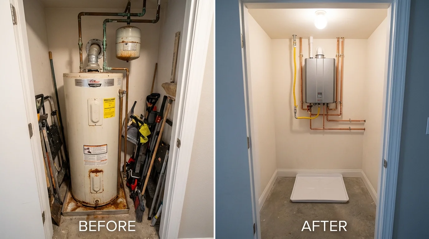 Tank water heater versus wall-mounted tankless unit comparison for Wenham, MA homeowners
