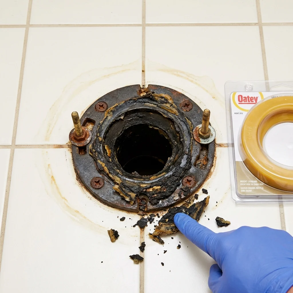 Failed wax ring showing water seepage at the base of a toilet in a Wenham, MA home