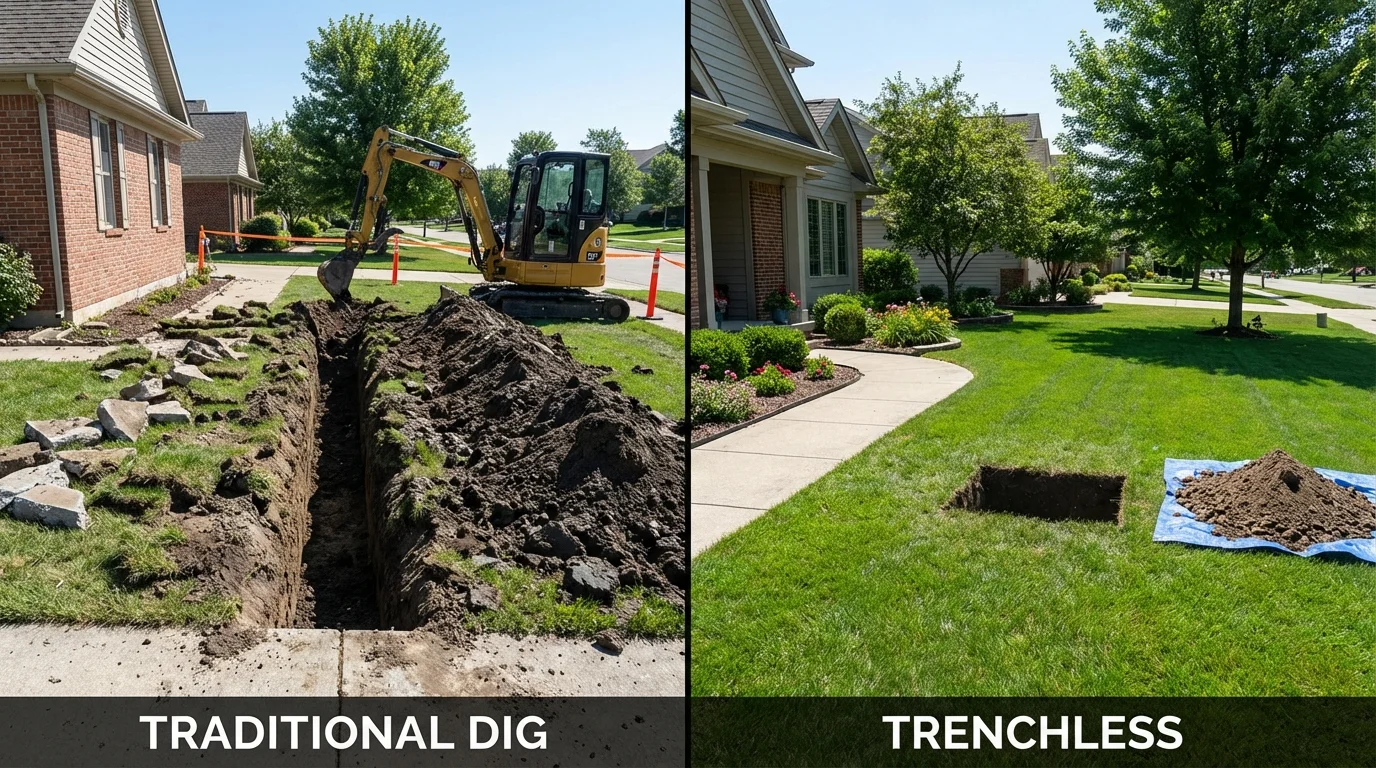 Trenchless sewer repair with minimal yard damage versus traditional excavation in Wenham, MA